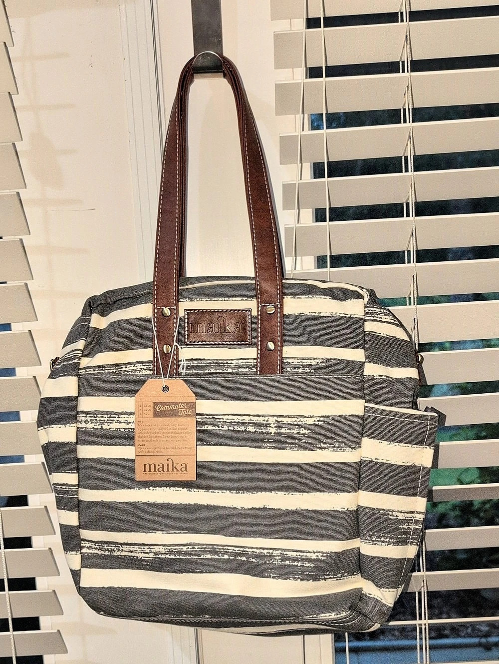 Maika Commuter Tote Striped Tote in Gray & Cream NWT